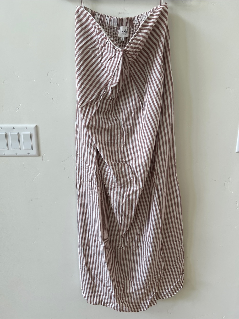 Linen Striped strapless dress in Mauve and White